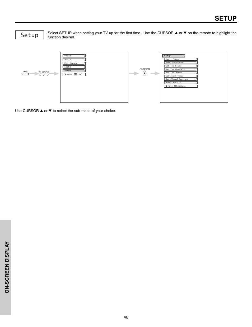 Setup, On-screen displa y | Hitachi 53F300 User Manual | Page 46 / 64