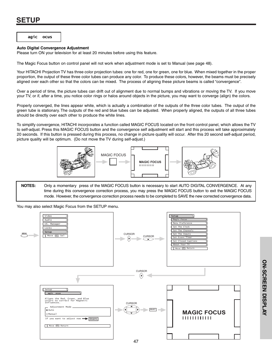 Setup, Magic focus, On-screen displa y | Hitachi 53F300 User Manual | Page 47 / 64