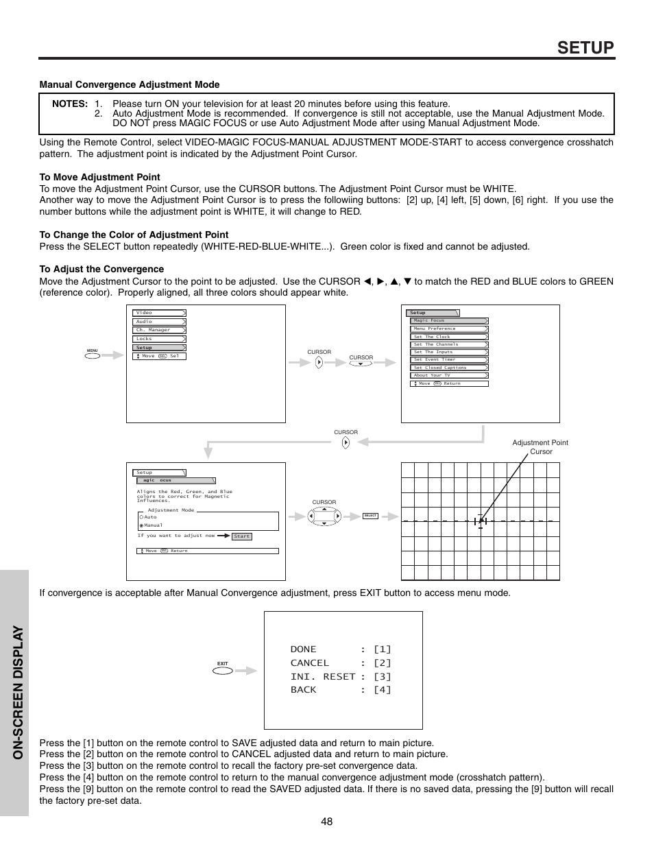 Setup, On-screen displa y | Hitachi 53F300 User Manual | Page 48 / 64