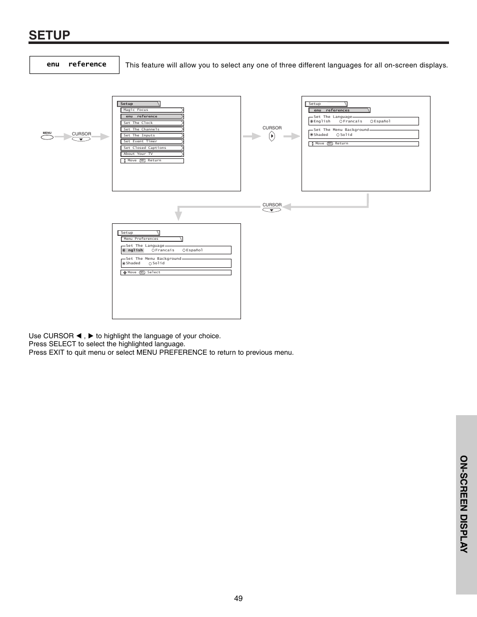 Setup, On-screen displa y | Hitachi 53F300 User Manual | Page 49 / 64