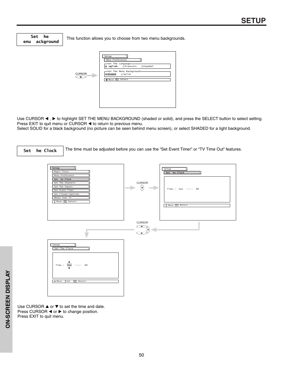 Setup, On-screen displa y | Hitachi 53F300 User Manual | Page 50 / 64
