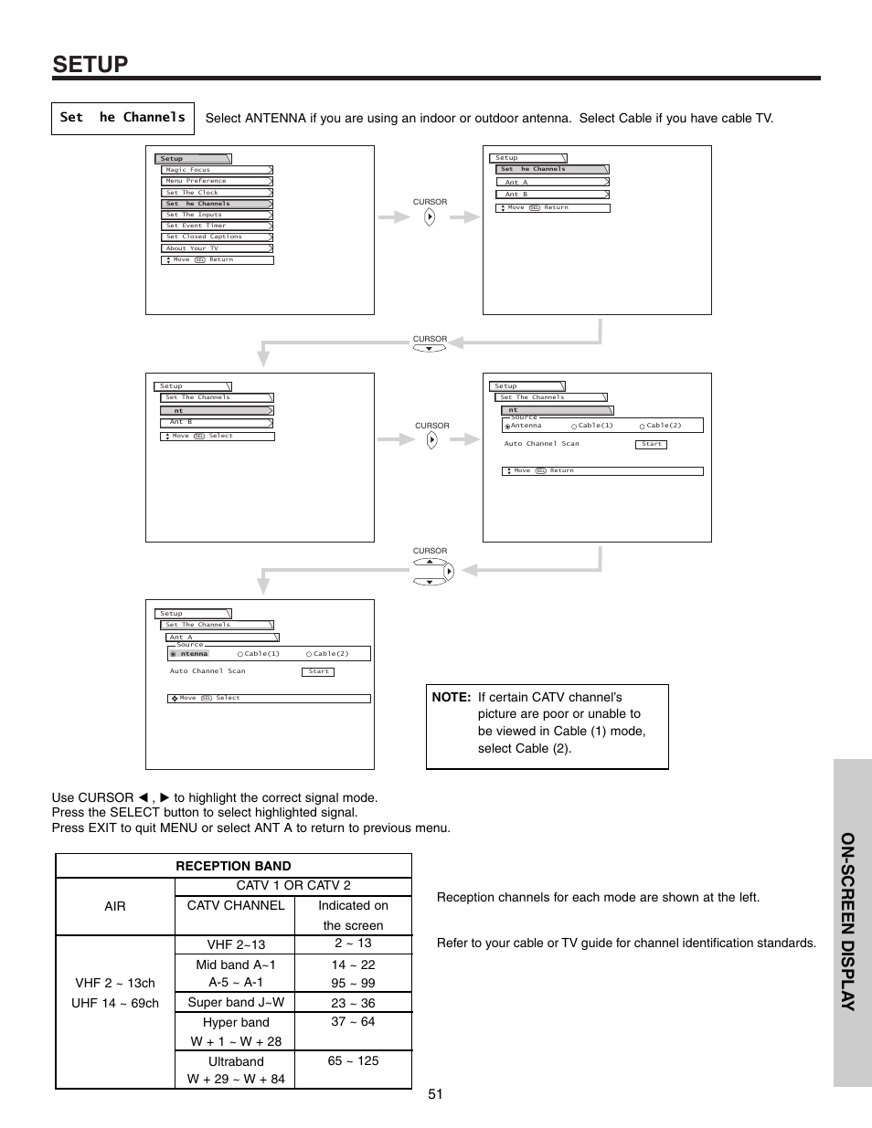 Setup, On-screen displa y | Hitachi 53F300 User Manual | Page 51 / 64