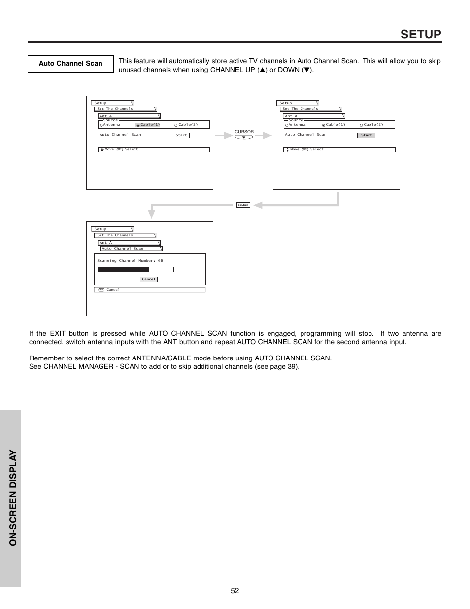 Setup, On-screen displa y | Hitachi 53F300 User Manual | Page 52 / 64