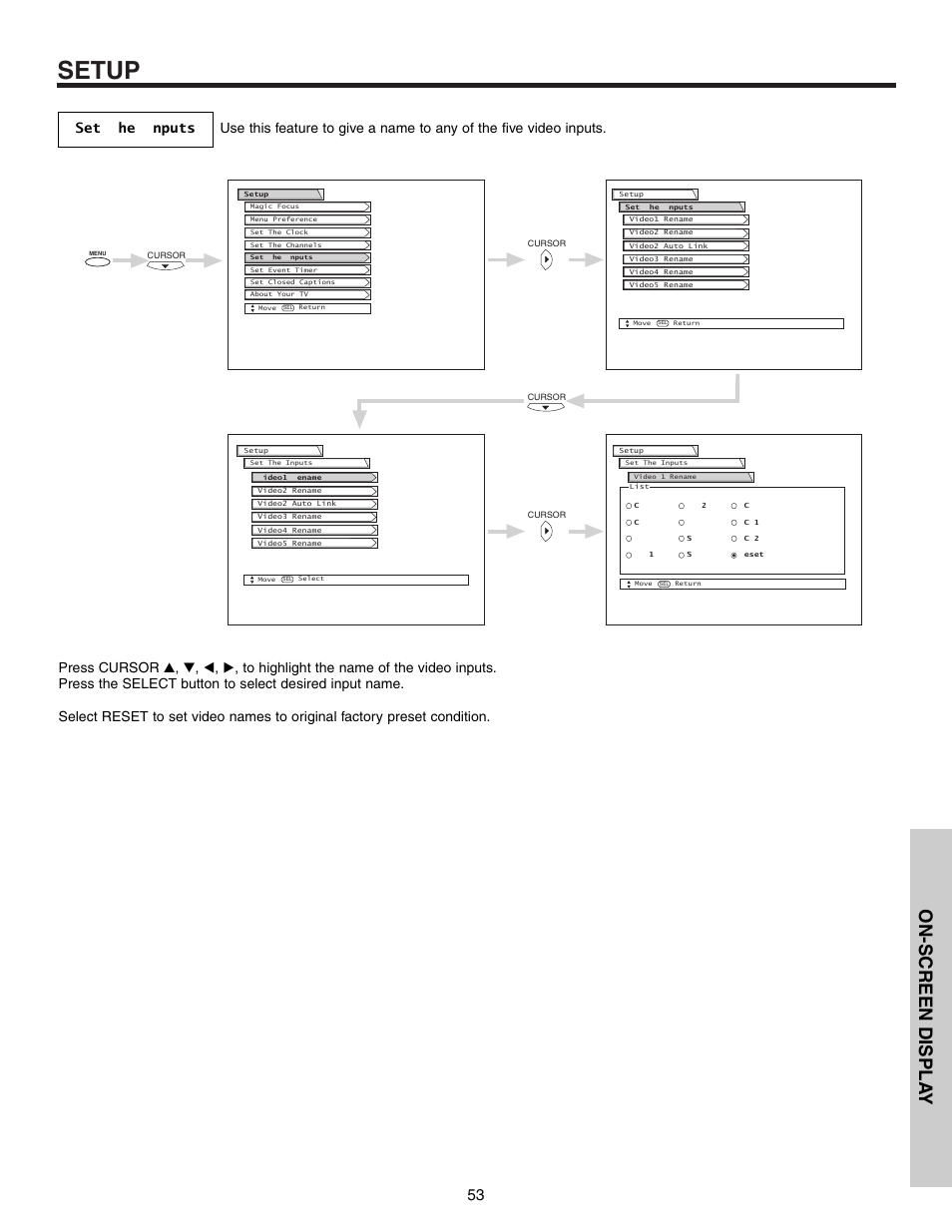 Setup, On-screen displa y | Hitachi 53F300 User Manual | Page 53 / 64