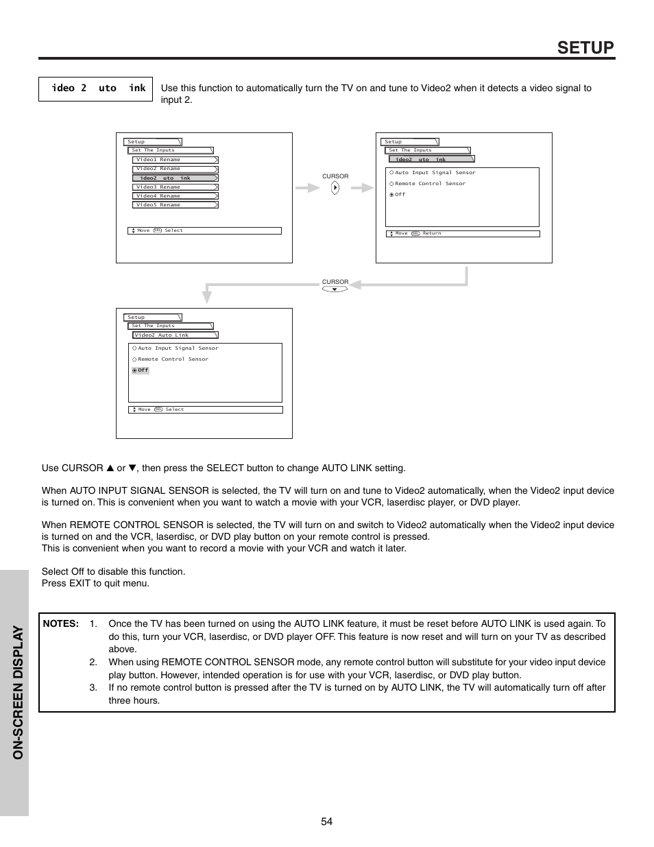 Setup, On-screen displa y | Hitachi 53F300 User Manual | Page 54 / 64