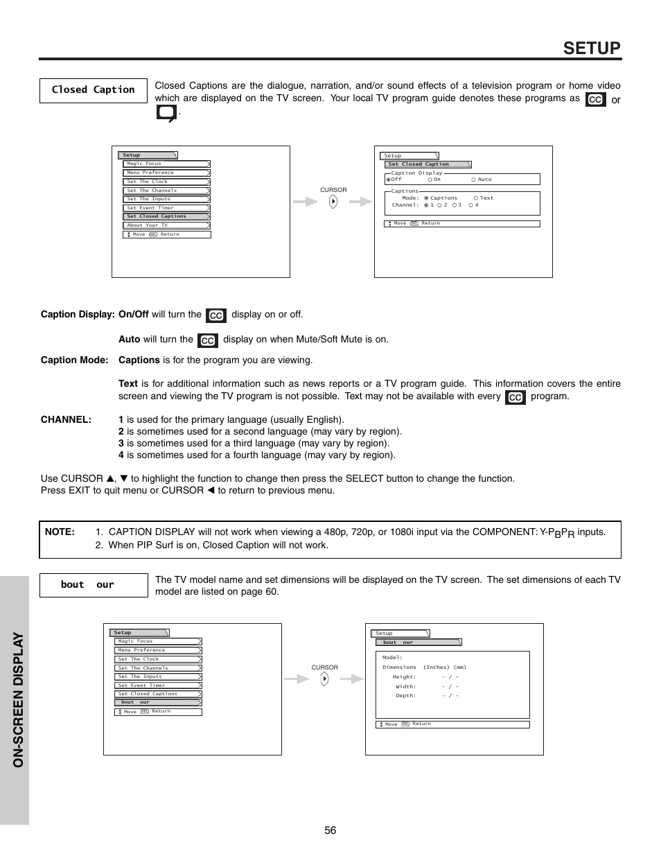 Setup, On-screen displa y, Closed caption | Hitachi 53F300 User Manual | Page 56 / 64