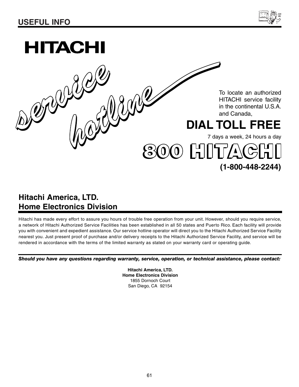 Dial toll free | Hitachi 53F300 User Manual | Page 61 / 64