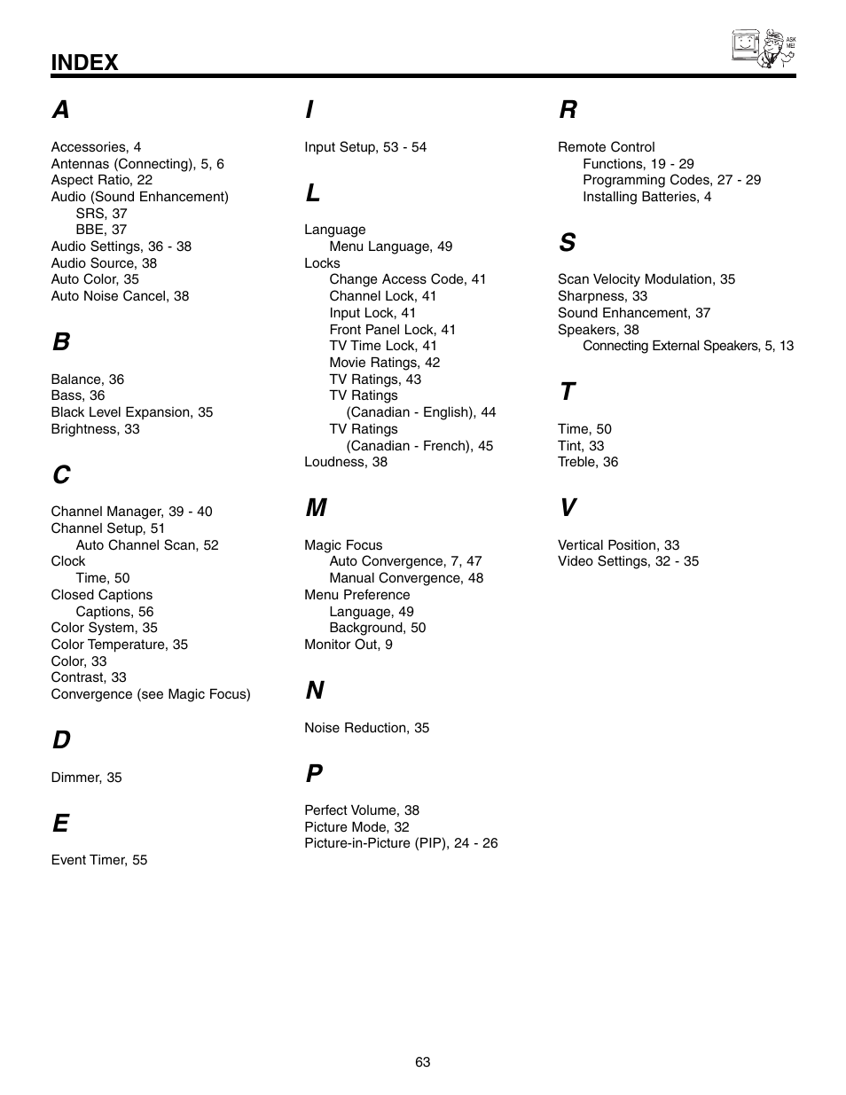 Index | Hitachi 53F300 User Manual | Page 63 / 64
