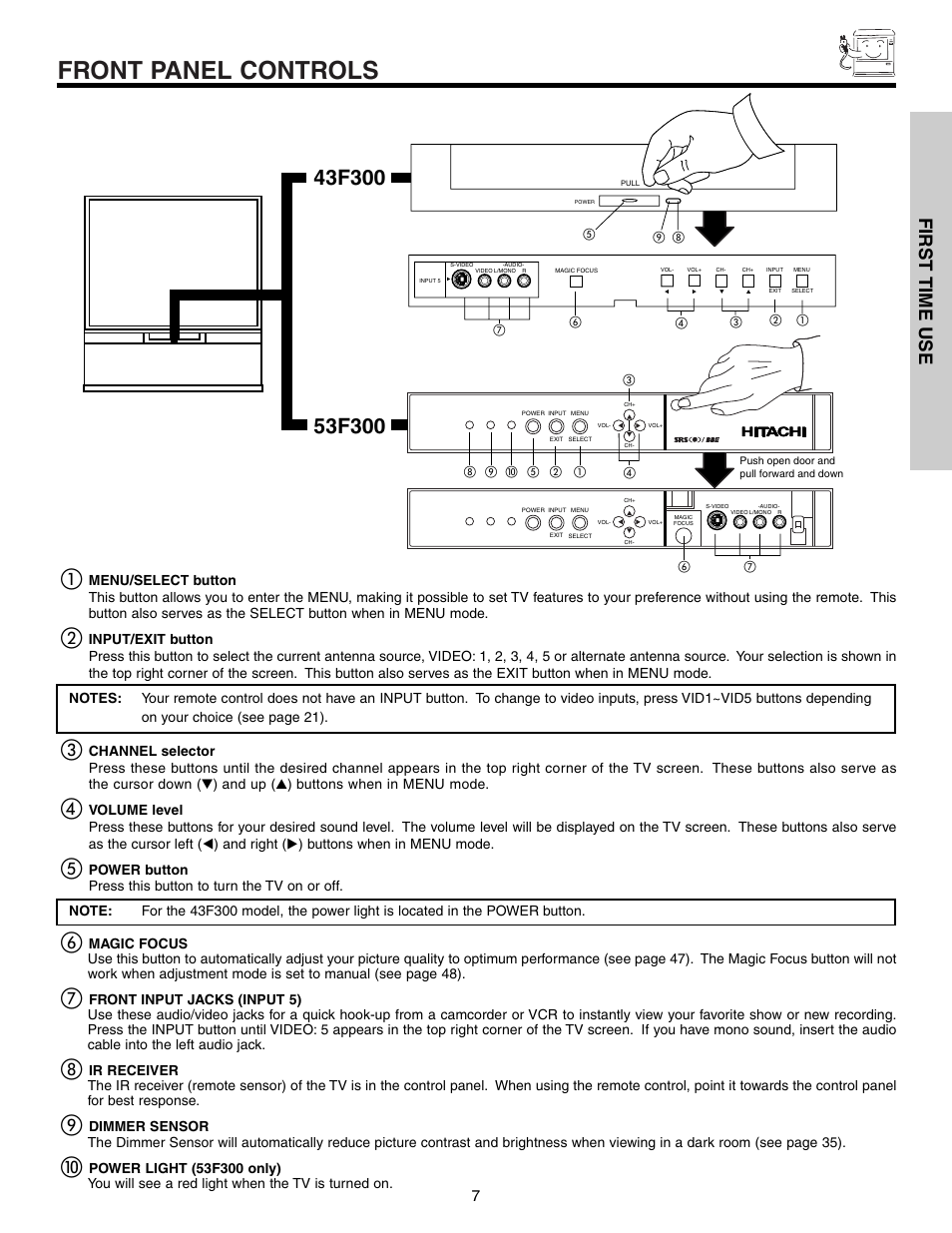 Front panel controls, First time use | Hitachi 53F300 User Manual | Page 7 / 64