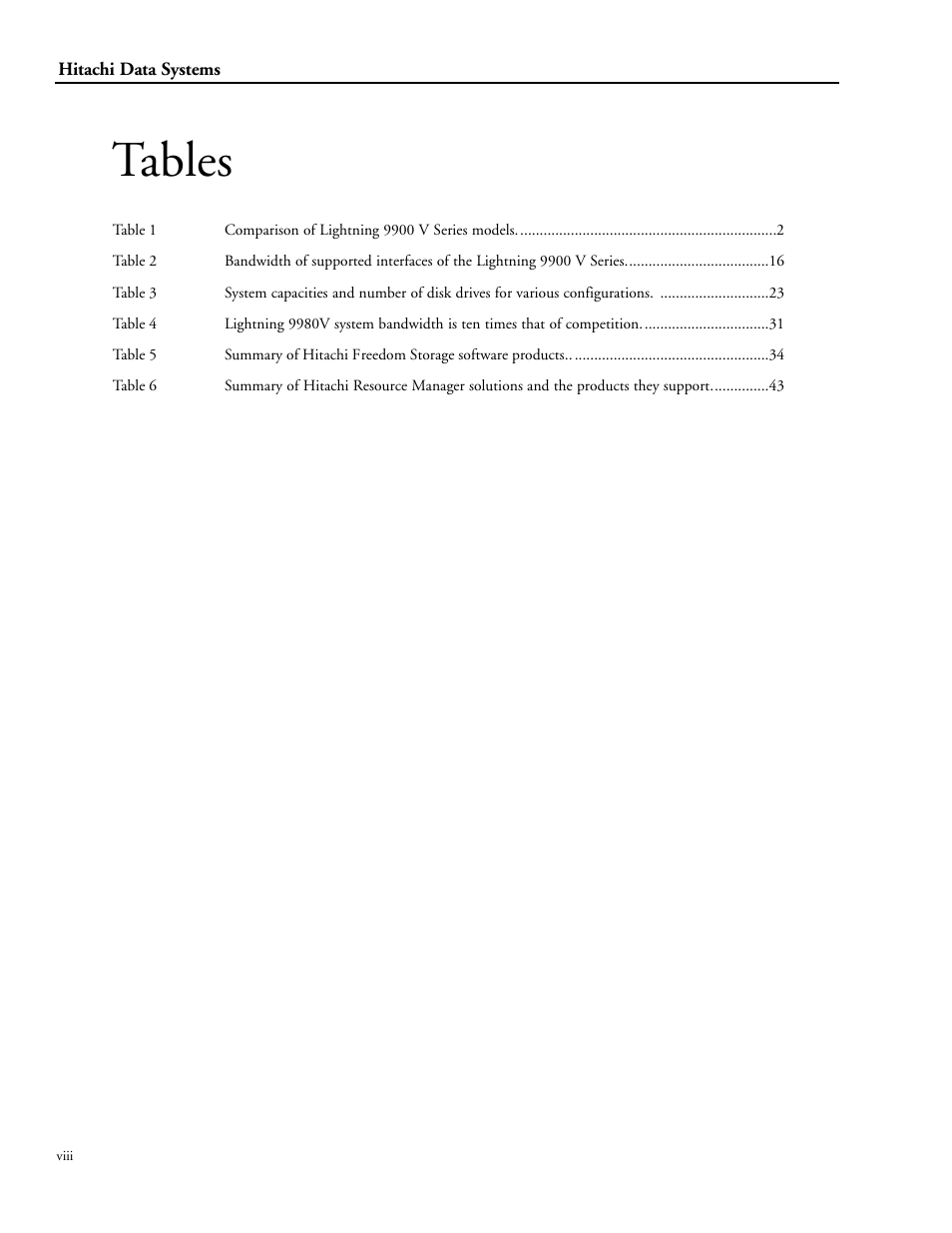 Tables | Hitachi STORAGE 9900 User Manual | Page 10 / 85