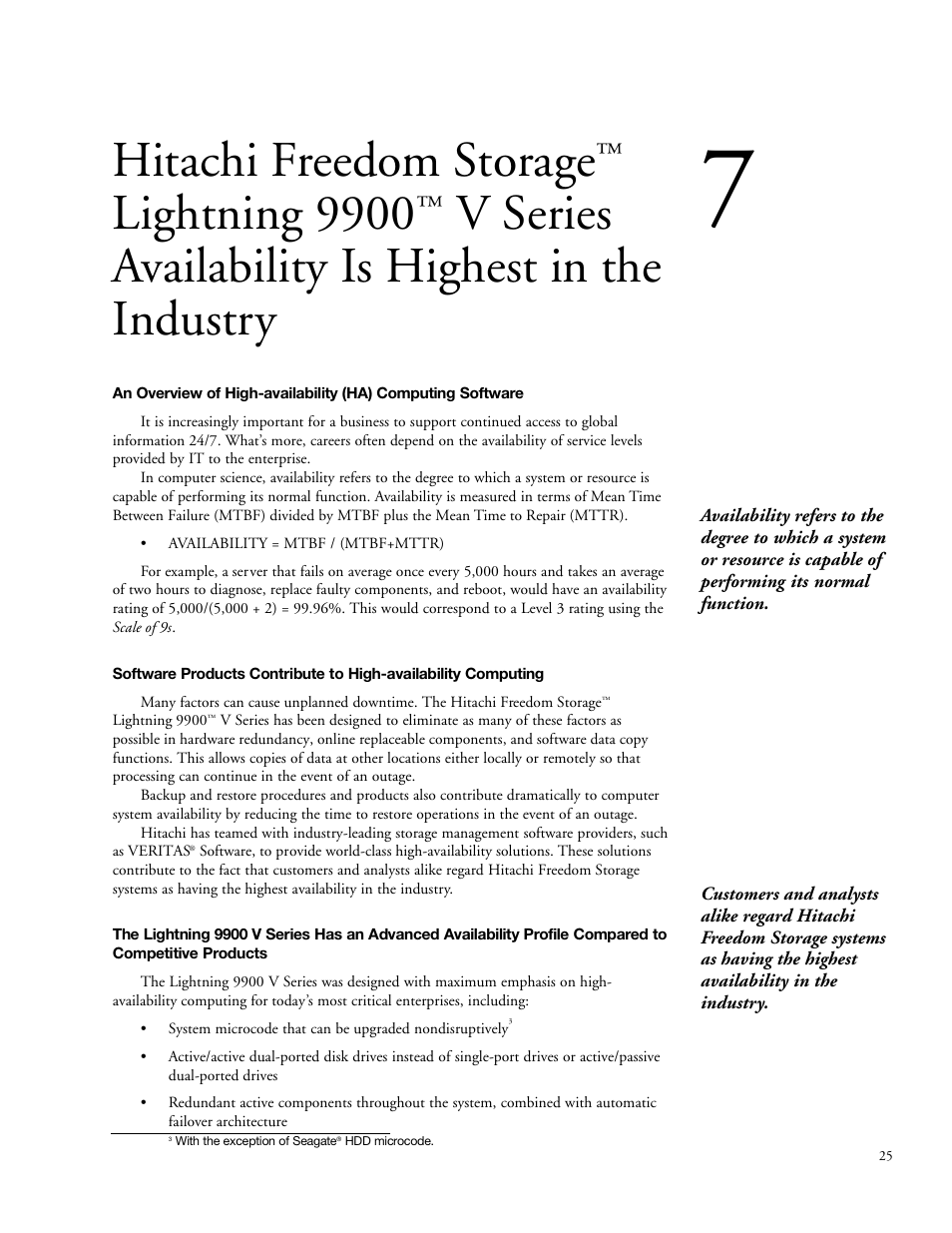 Hitachi freedom storage, Lightning 9900, V series availability is highest in the industry | Hitachi STORAGE 9900 User Manual | Page 35 / 85