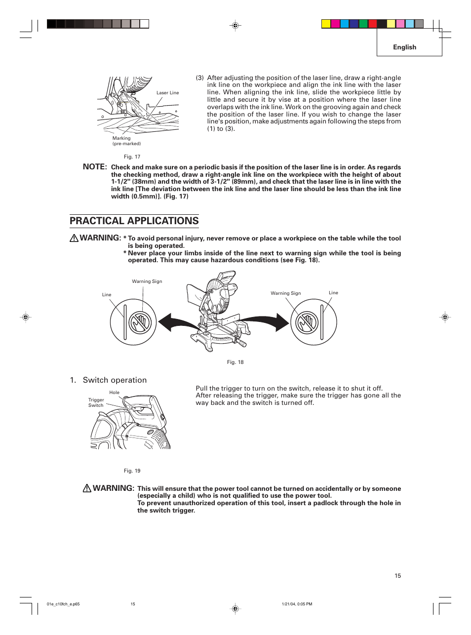 Practical applications, Warning, Switch operation | Hitachi C 10FCE User Manual | Page 15 / 76