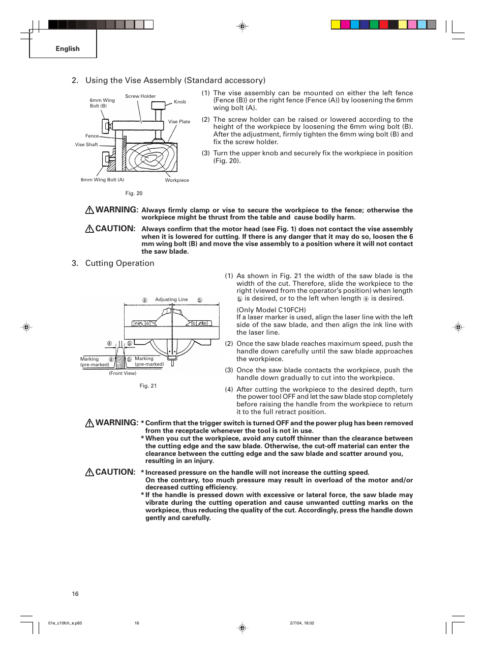 Using the vise assembly (standard accessory), Warning, Caution | Cutting operation | Hitachi C 10FCE User Manual | Page 16 / 76