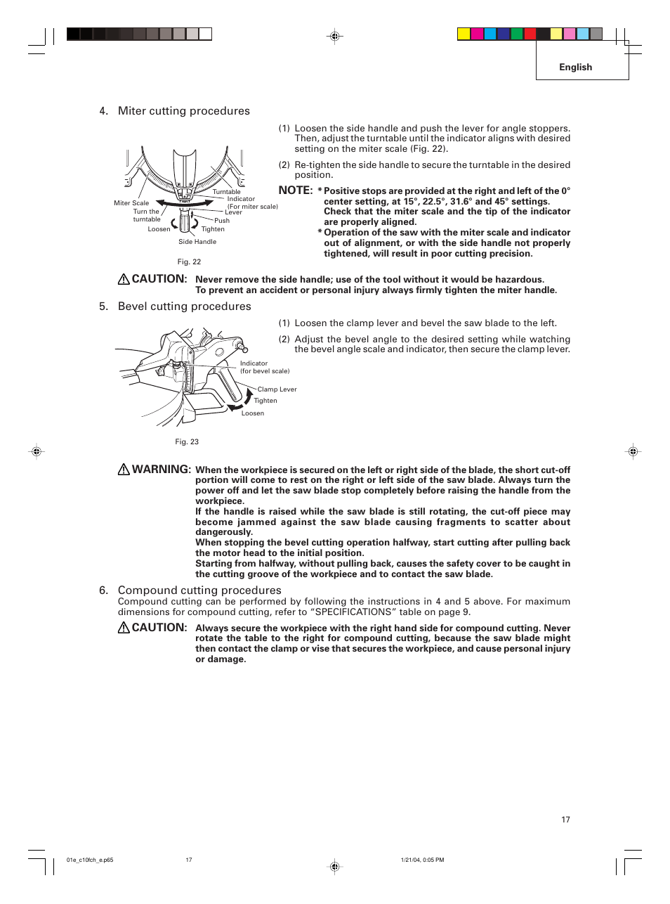 Miter cutting procedures, Caution, Bevel cutting procedures | Warning, Compound cutting procedures | Hitachi C 10FCE User Manual | Page 17 / 76