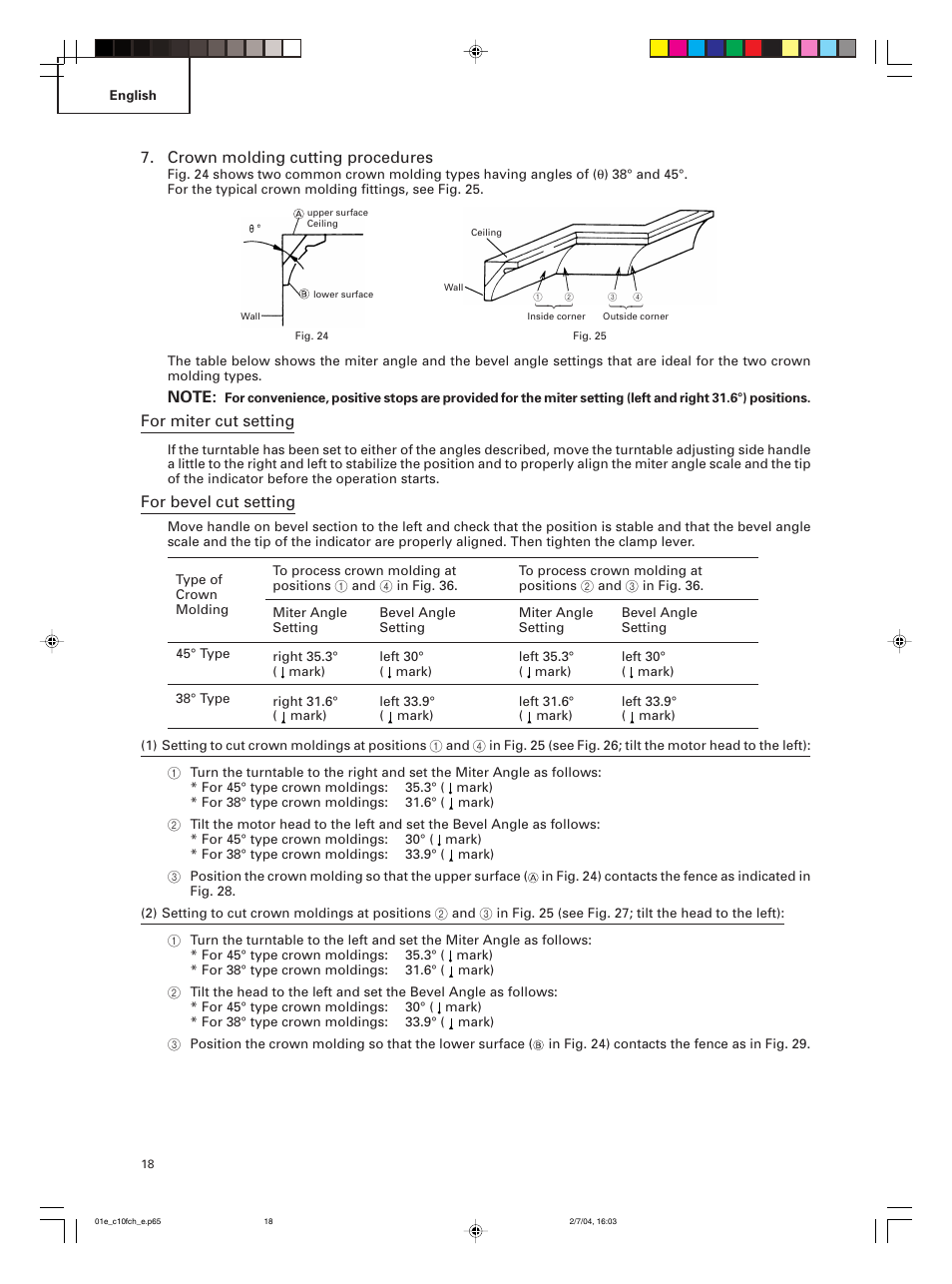 Crown molding cutting procedures, For miter cut setting, For bevel cut setting | Hitachi C 10FCE User Manual | Page 18 / 76