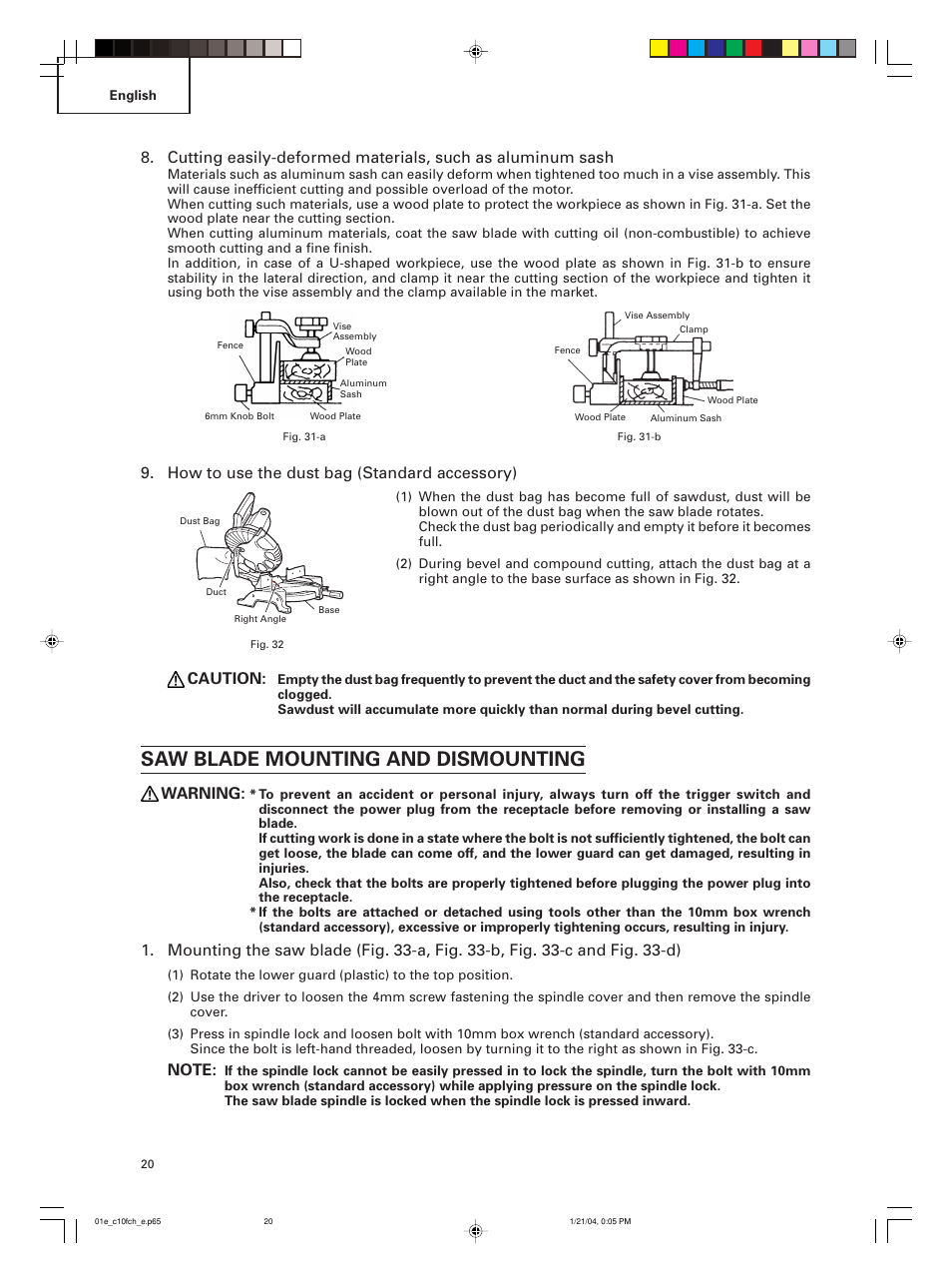 Saw blade mounting and dismounting, How to use the dust bag (standard accessory), Caution | Warning | Hitachi C 10FCE User Manual | Page 20 / 76