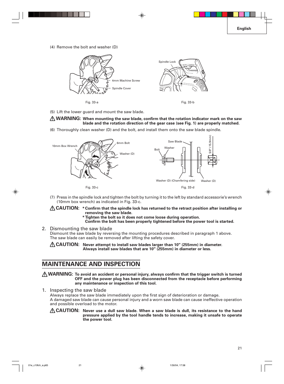 Maintenance and inspection, Warning, Caution | Dismounting the saw blade, Inspecting the saw blade | Hitachi C 10FCE User Manual | Page 21 / 76