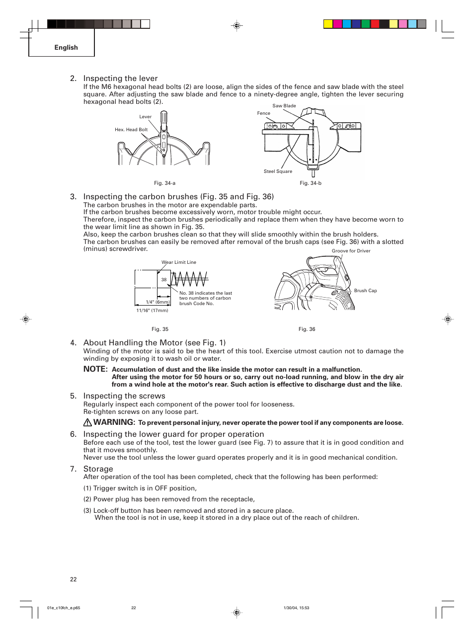 Inspecting the lever, About handling the motor (see fig. 1), Inspecting the screws | Warning, Inspecting the lower guard for proper operation, Storage | Hitachi C 10FCE User Manual | Page 22 / 76