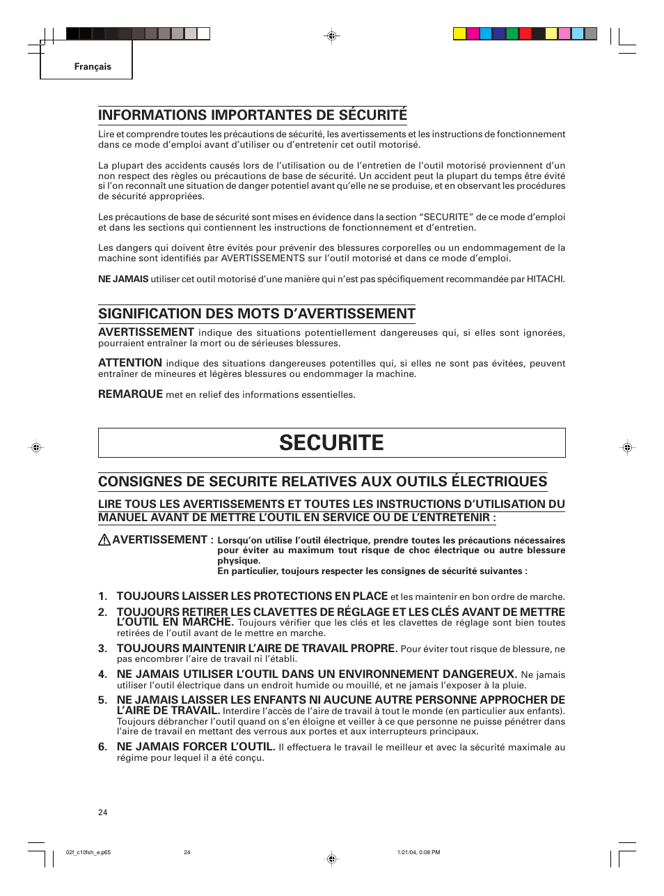 Securite, Informations importantes de sécurité, Signification des mots d’avertissement | Hitachi C 10FCE User Manual | Page 24 / 76