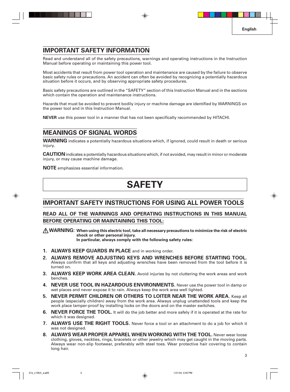 Safety, Important safety information, Meanings of signal words | Hitachi C 10FCE User Manual | Page 3 / 76