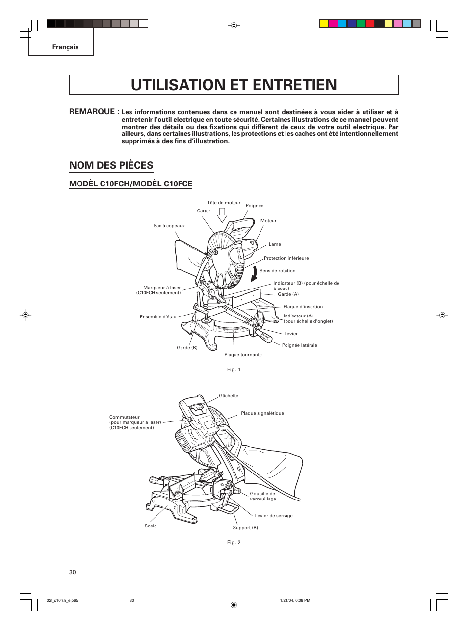 Utilisation et entretien, Nom des pièces, Remarque | Modèl c10fch/modèl c10fce | Hitachi C 10FCE User Manual | Page 30 / 76