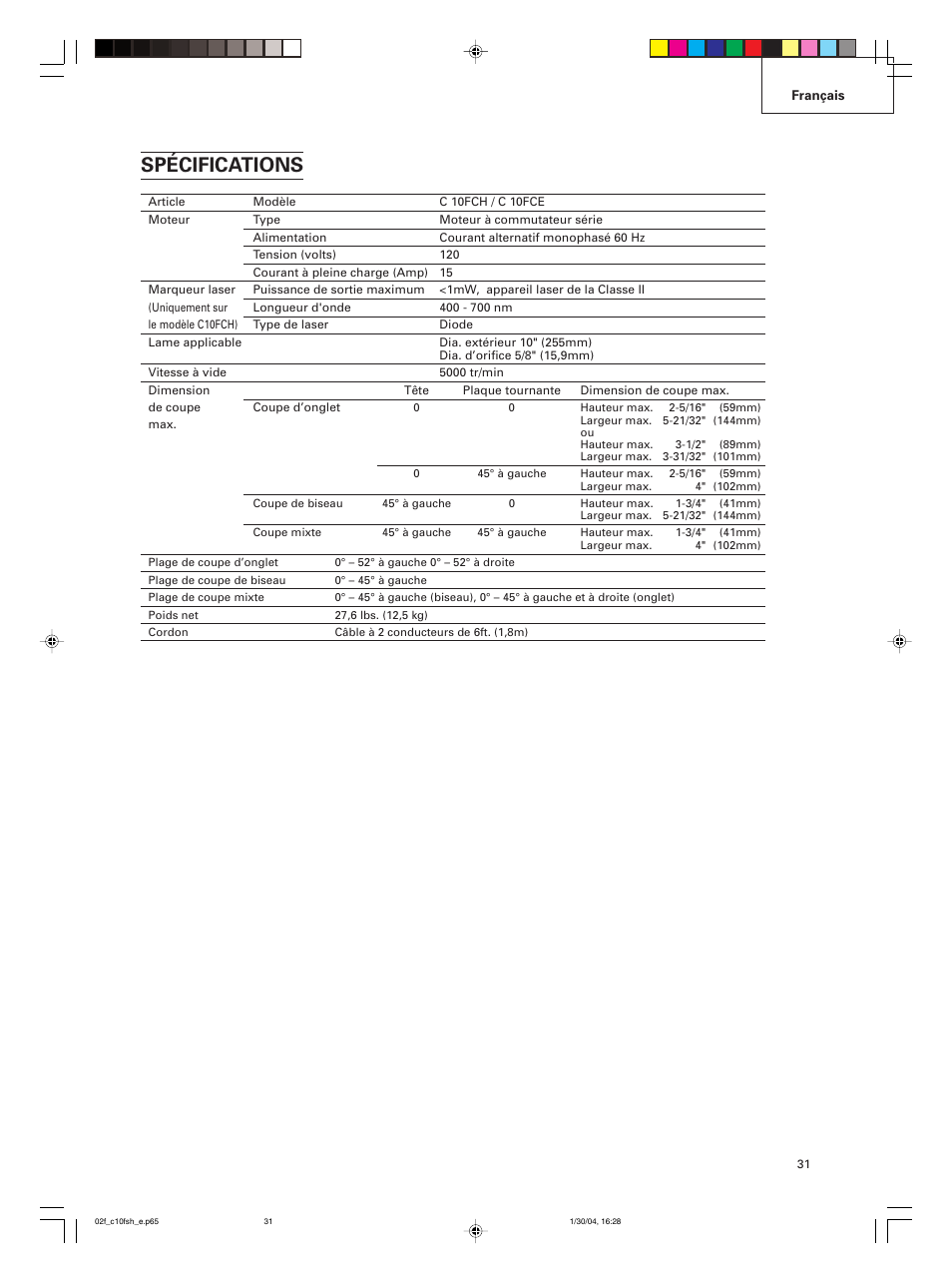 Spécifications | Hitachi C 10FCE User Manual | Page 31 / 76