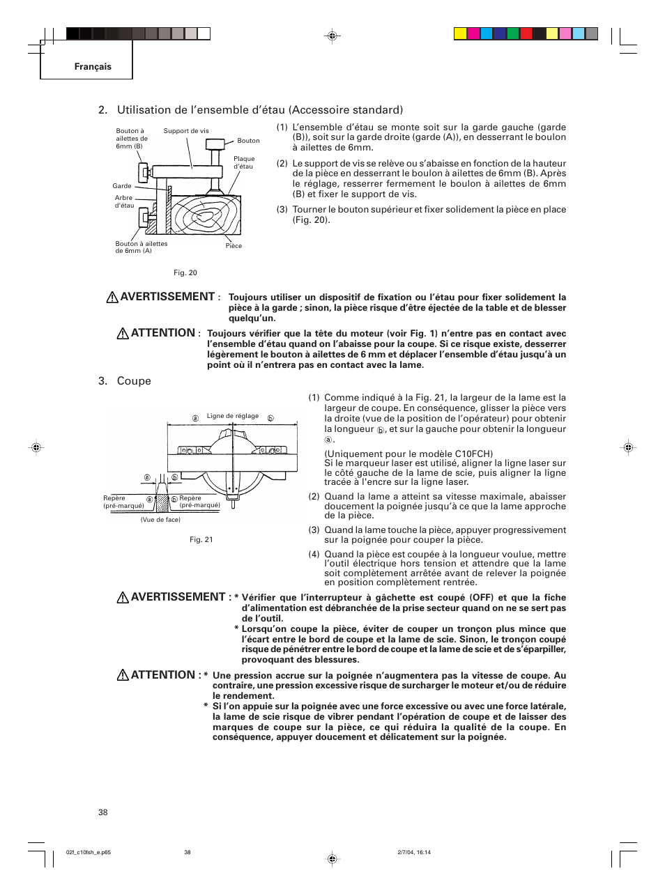 Avertissement, Attention, Coupe | Hitachi C 10FCE User Manual | Page 38 / 76