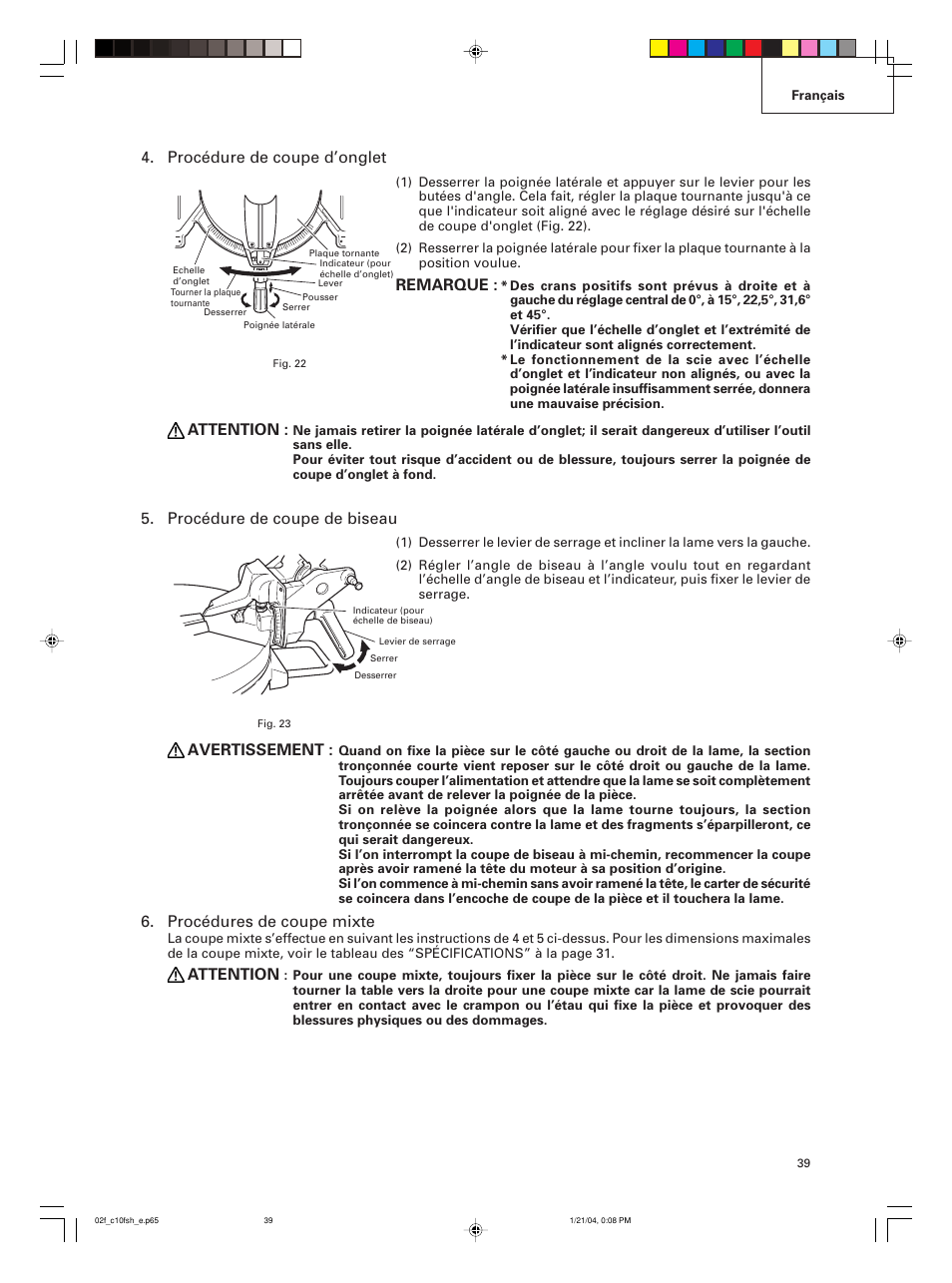 Procédure de coupe d’onglet, Remarque, Attention | Procédure de coupe de biseau, Avertissement, Procédures de coupe mixte | Hitachi C 10FCE User Manual | Page 39 / 76