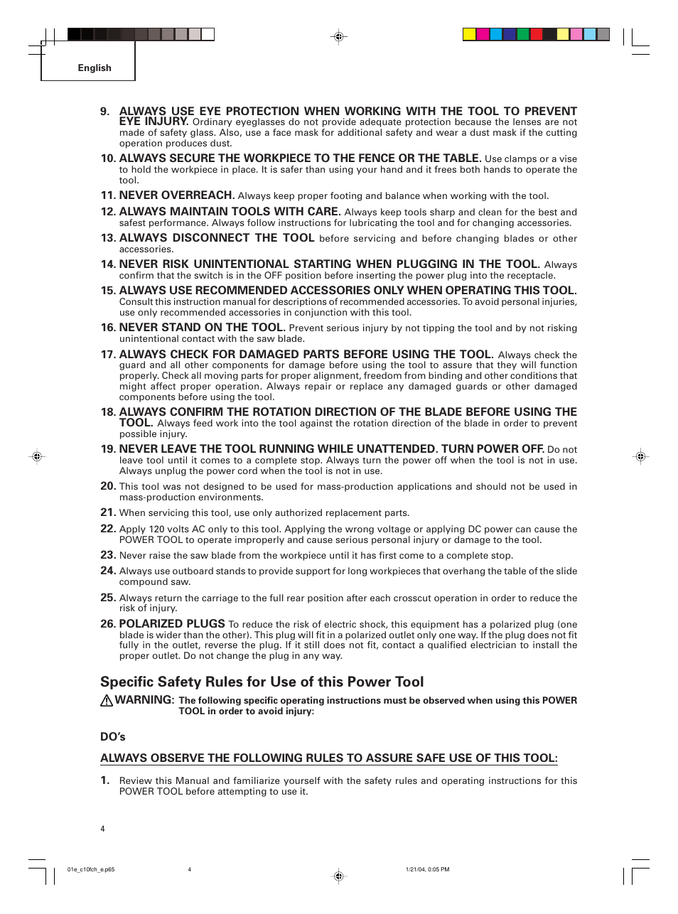 Specific safety rules for use of this power tool | Hitachi C 10FCE User Manual | Page 4 / 76