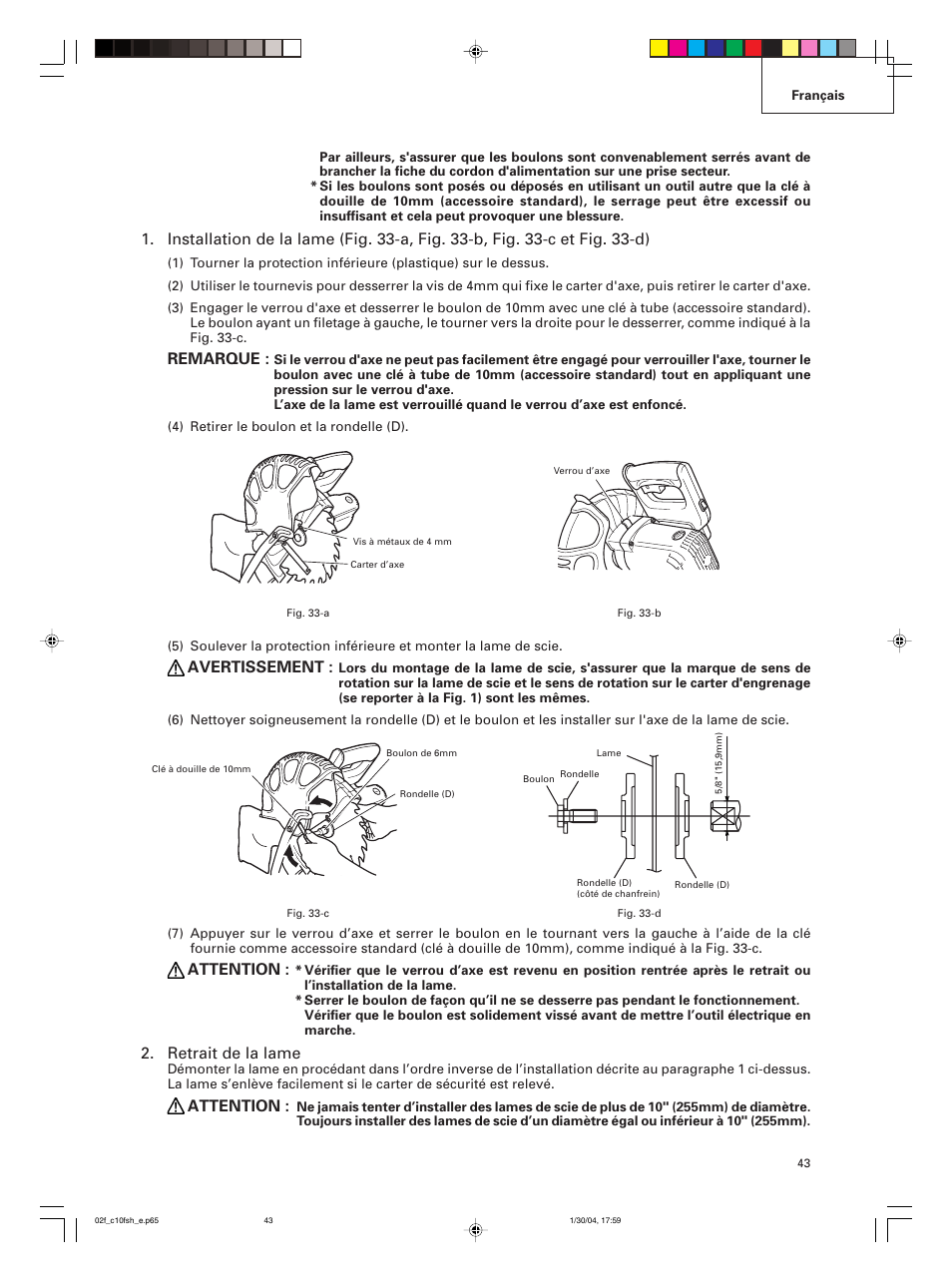 Remarque, Avertissement, Attention | Retrait de la lame | Hitachi C 10FCE User Manual | Page 43 / 76