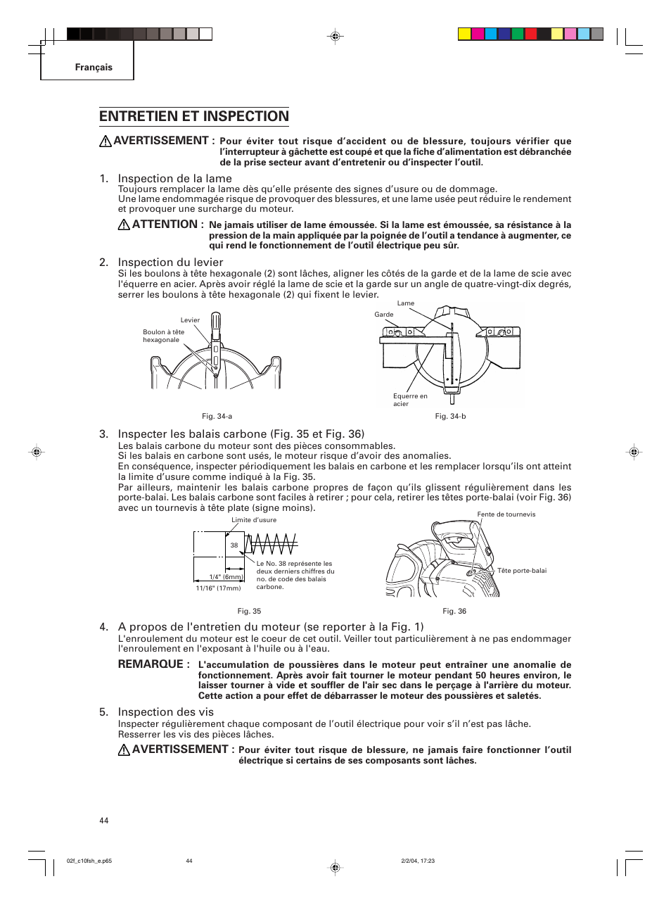 Entretien et inspection, Avertissement, Inspection de la lame | Attention, Inspection du levier, Inspecter les balais carbone (fig. 35 et fig. 36), Remarque, Inspection des vis | Hitachi C 10FCE User Manual | Page 44 / 76