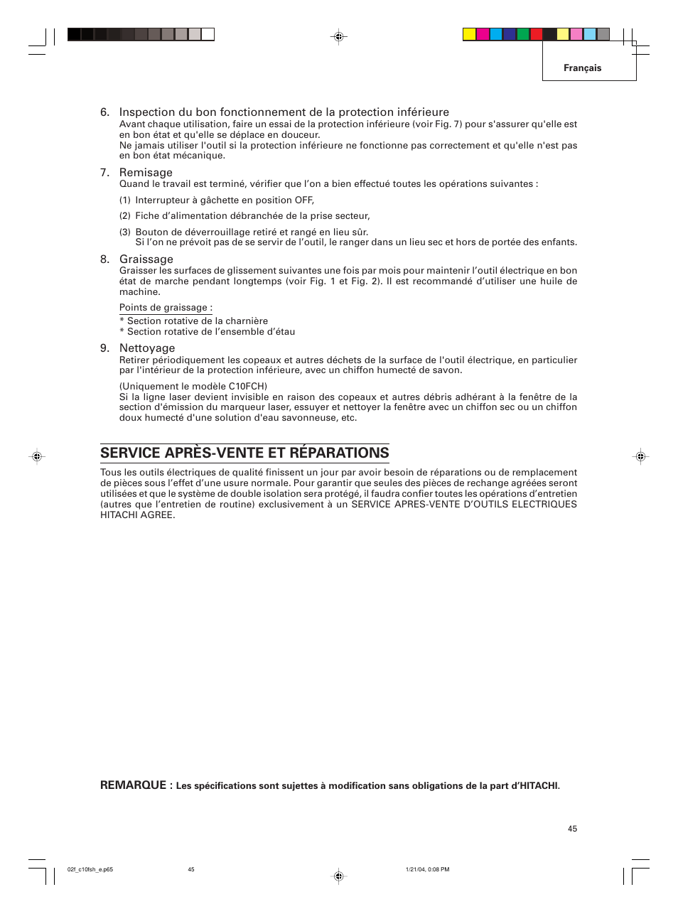 Service après-vente et réparations | Hitachi C 10FCE User Manual | Page 45 / 76