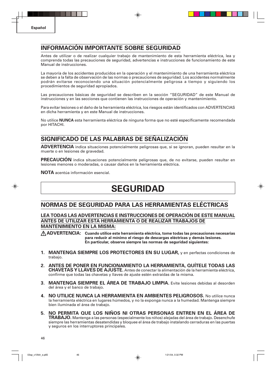 Seguridad, Información importante sobre seguridad, Significado de las palabras de señalización | Hitachi C 10FCE User Manual | Page 46 / 76