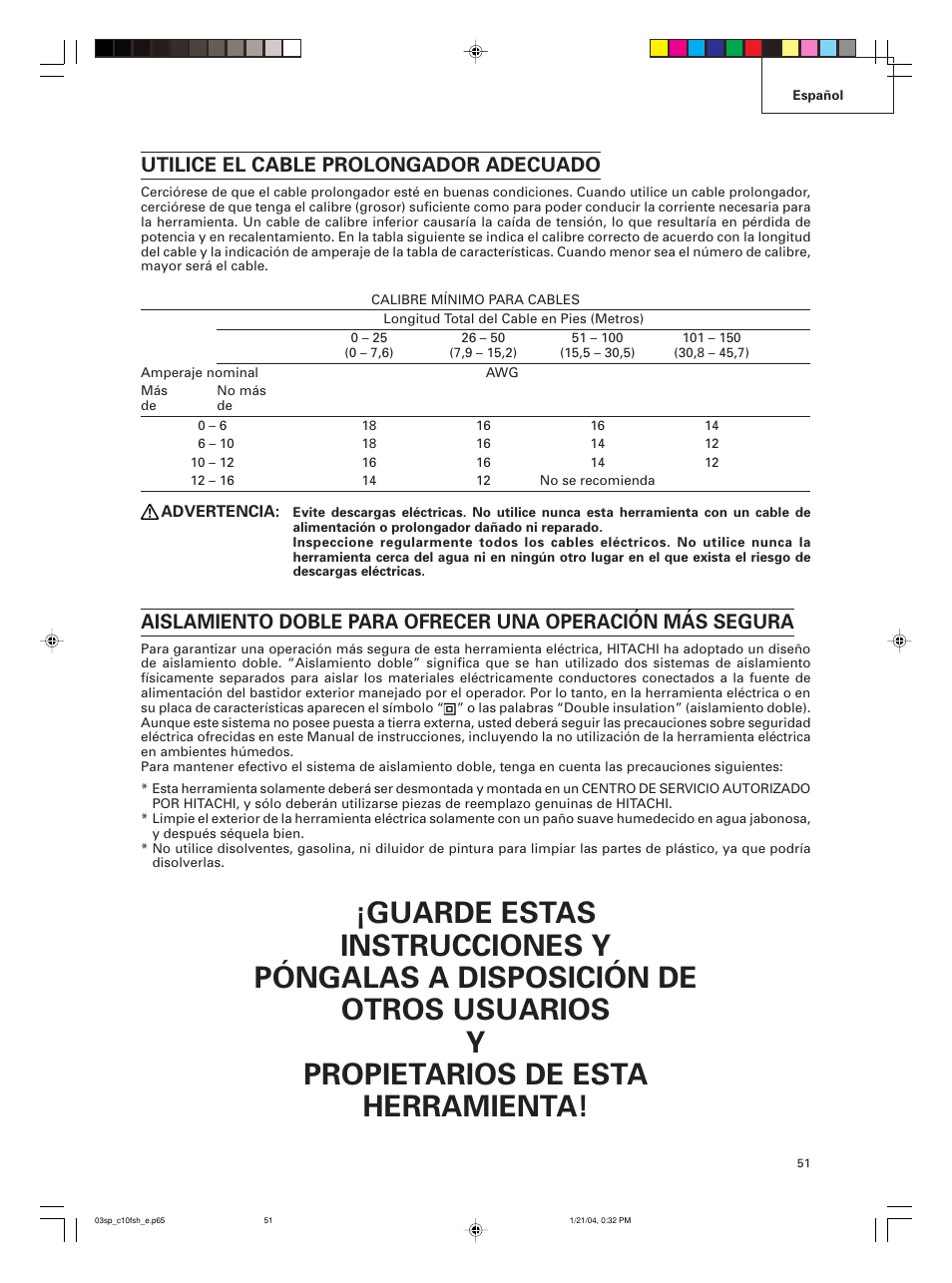 Utilice el cable prolongador adecuado | Hitachi C 10FCE User Manual | Page 51 / 76