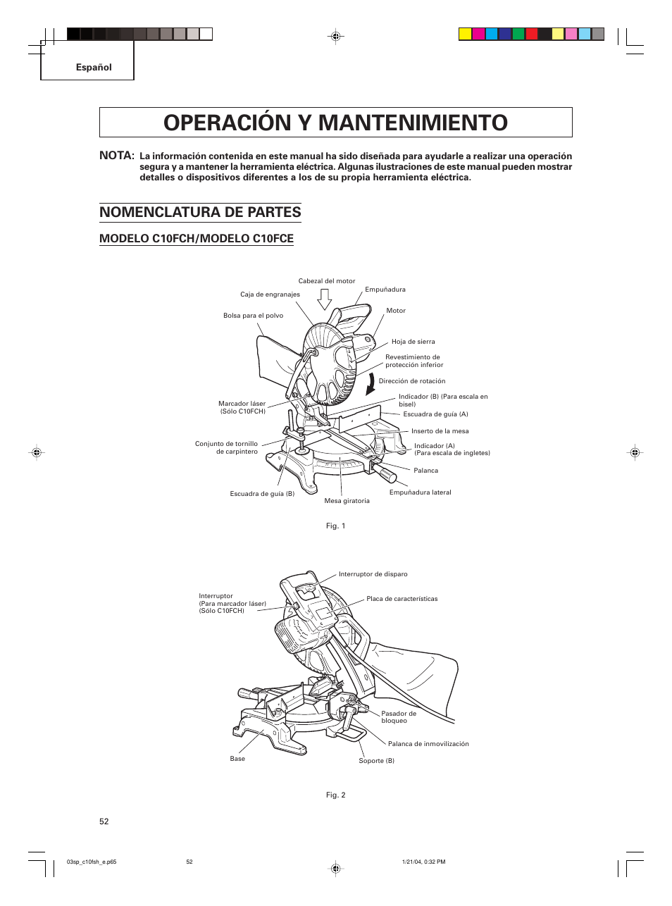 Operación y mantenimiento, Nomenclatura de partes, Nota | Modelo c10fch/modelo c10fce | Hitachi C 10FCE User Manual | Page 52 / 76