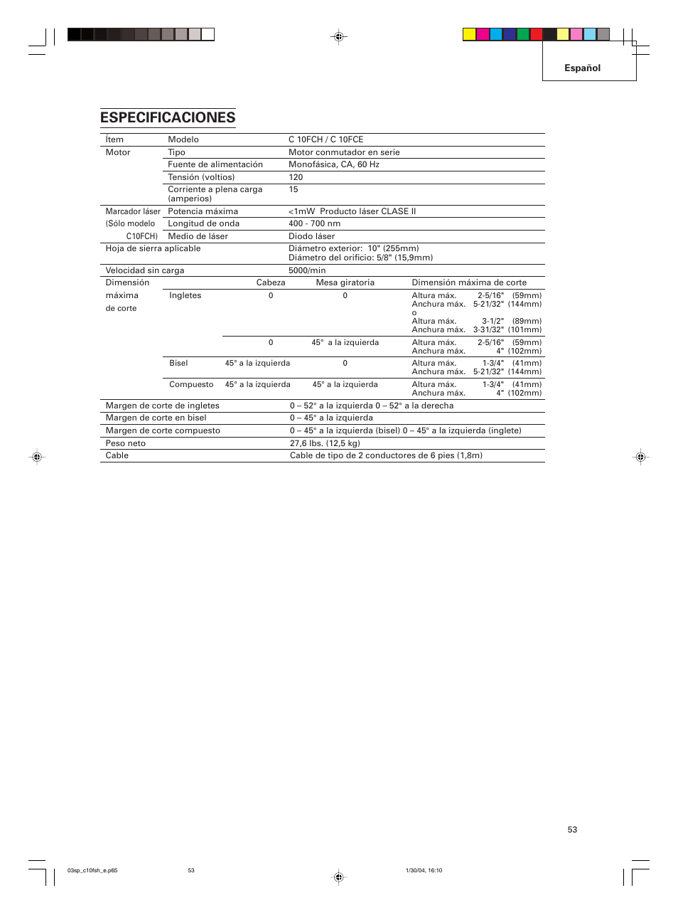 Especificaciones | Hitachi C 10FCE User Manual | Page 53 / 76