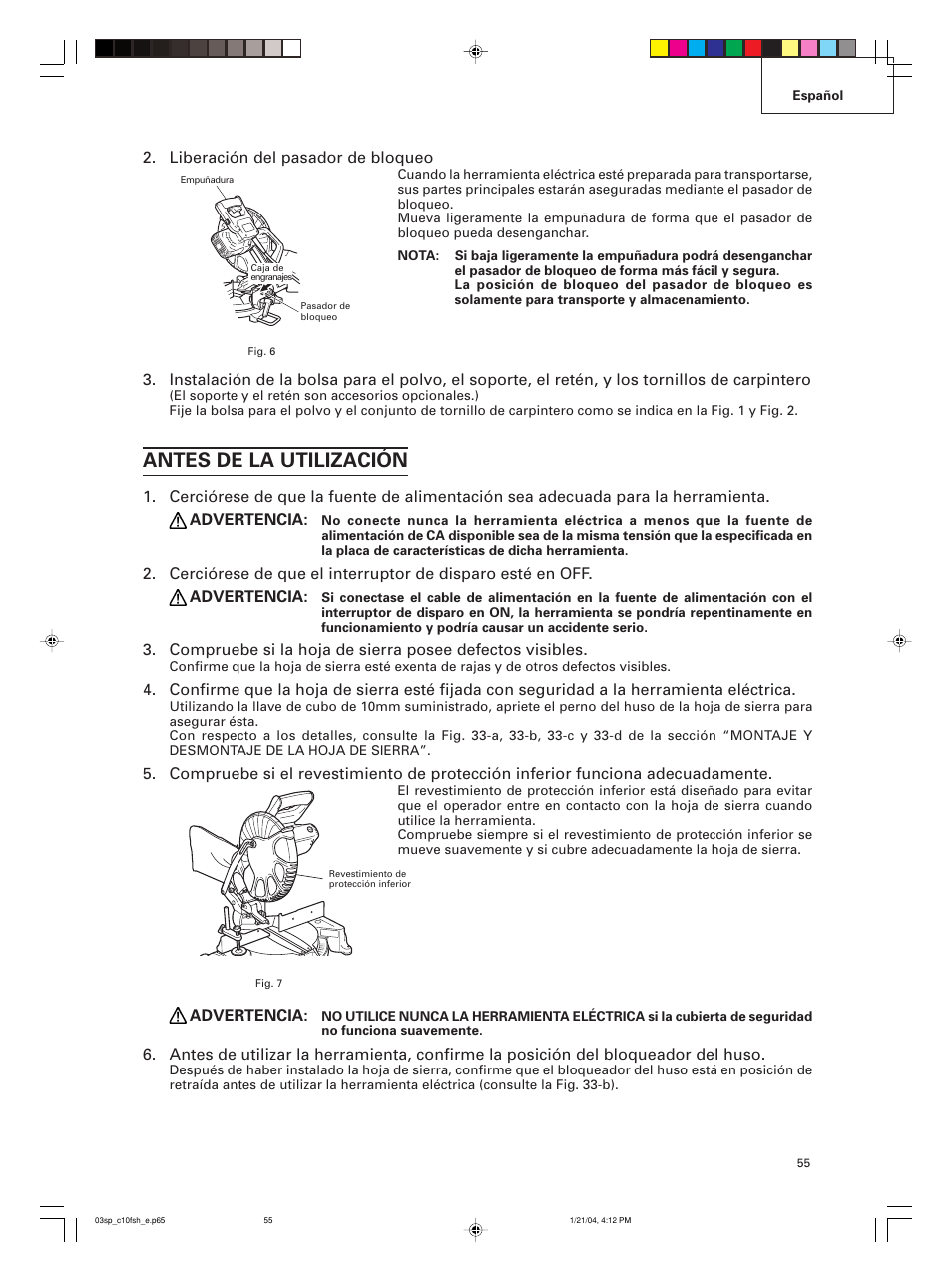 Antes de la utilización | Hitachi C 10FCE User Manual | Page 55 / 76