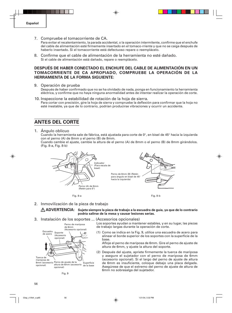 Antes del corte, Compruebe el tomacorriente de ca, Ángulo oblicuo | Inmovilización de la pieza de trabajo advertencia | Hitachi C 10FCE User Manual | Page 56 / 76