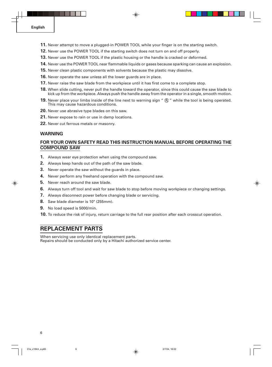 Replacement parts | Hitachi C 10FCE User Manual | Page 6 / 76