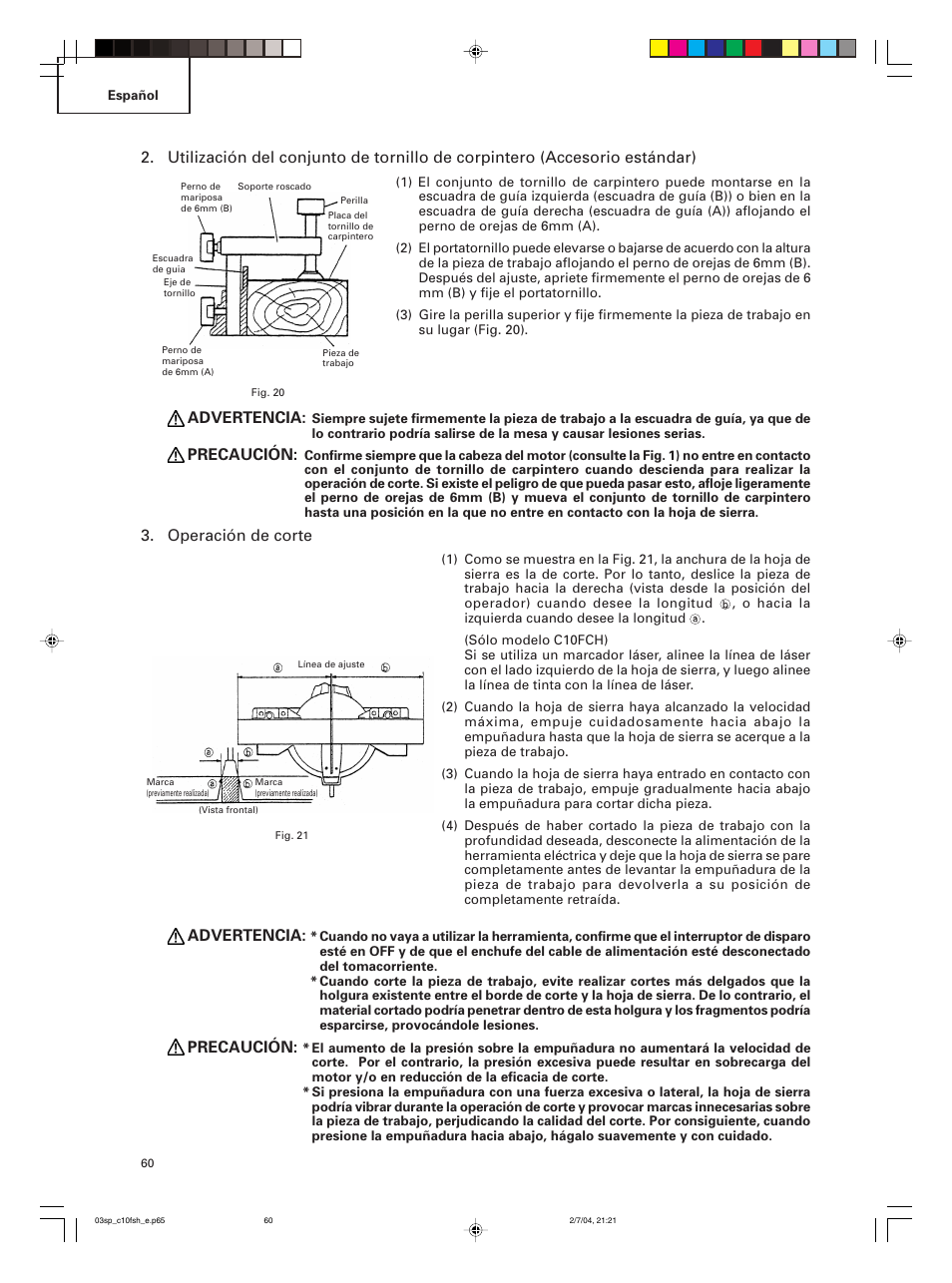 Advertencia, Precaución, Operación de corte | Hitachi C 10FCE User Manual | Page 60 / 76