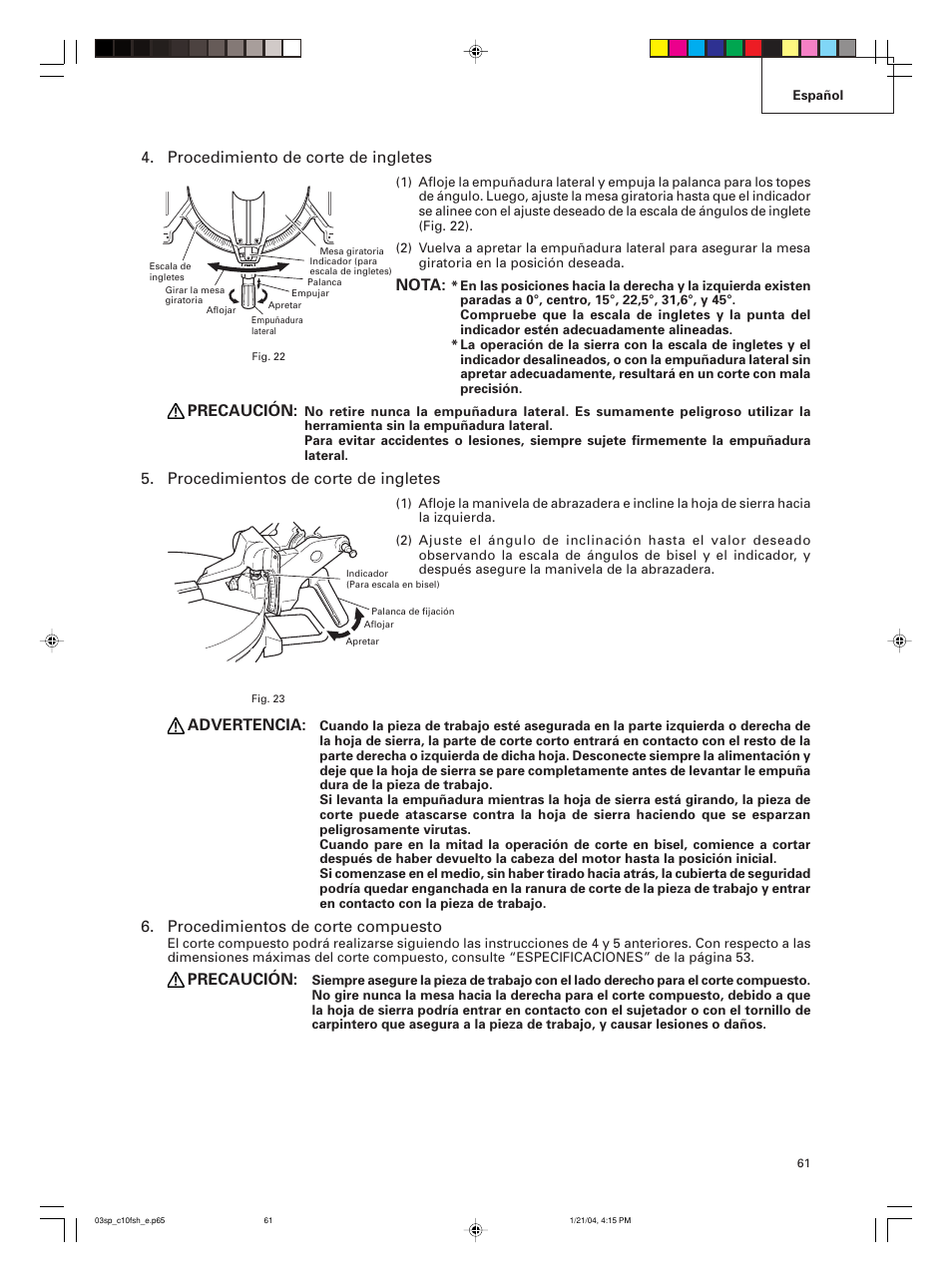 Procedimiento de corte de ingletes, Nota, Precaución | Procedimientos de corte de ingletes, Advertencia, Procedimientos de corte compuesto | Hitachi C 10FCE User Manual | Page 61 / 76