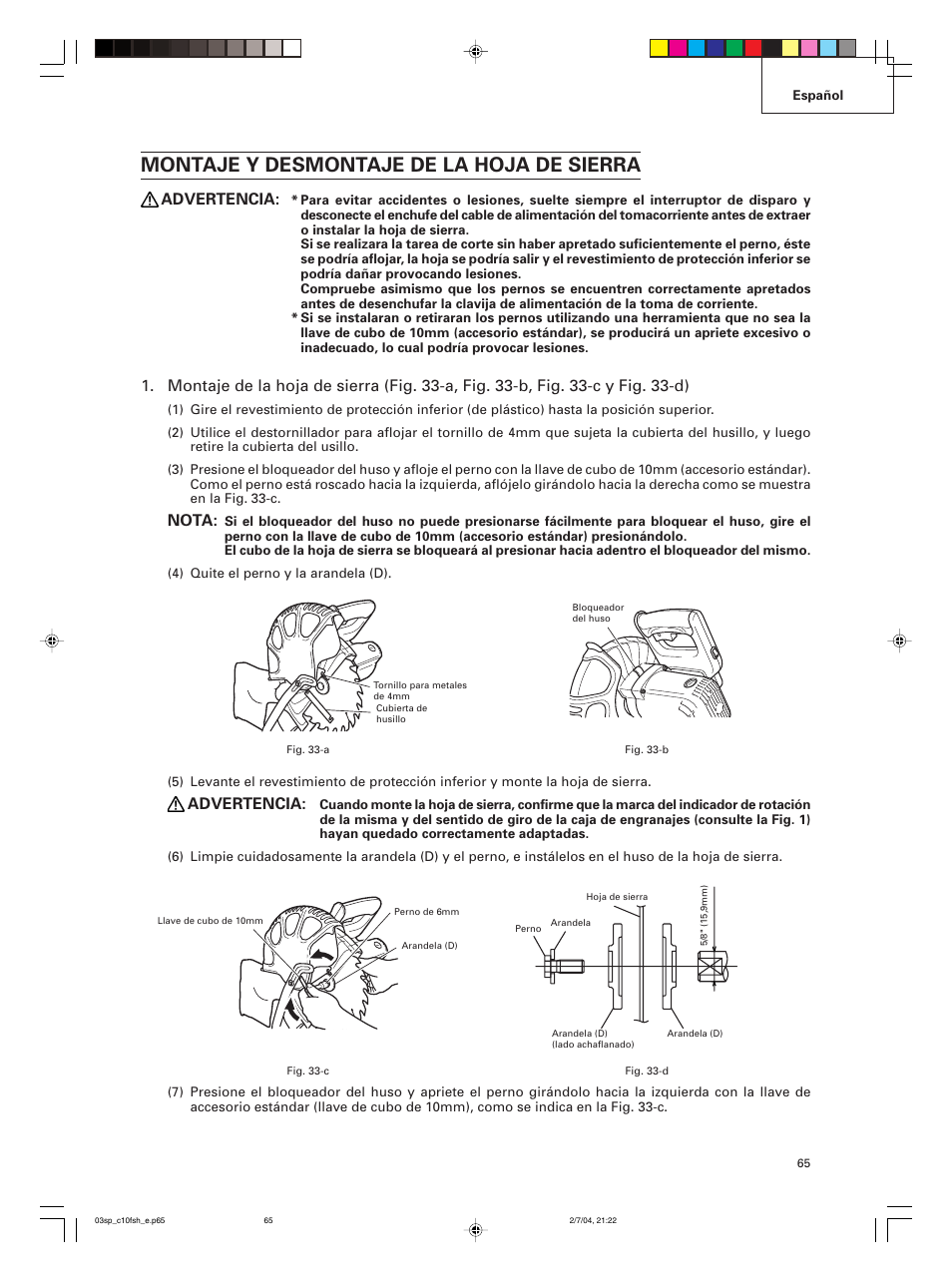 Montaje y desmontaje de la hoja de sierra, Advertencia, Nota | Hitachi C 10FCE User Manual | Page 65 / 76
