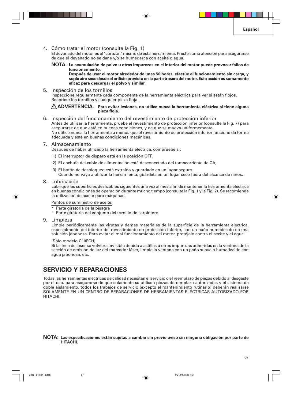 Servicio y reparaciones | Hitachi C 10FCE User Manual | Page 67 / 76