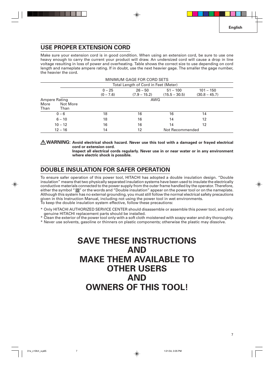 Use proper extension cord, Double insulation for safer operation | Hitachi C 10FCE User Manual | Page 7 / 76