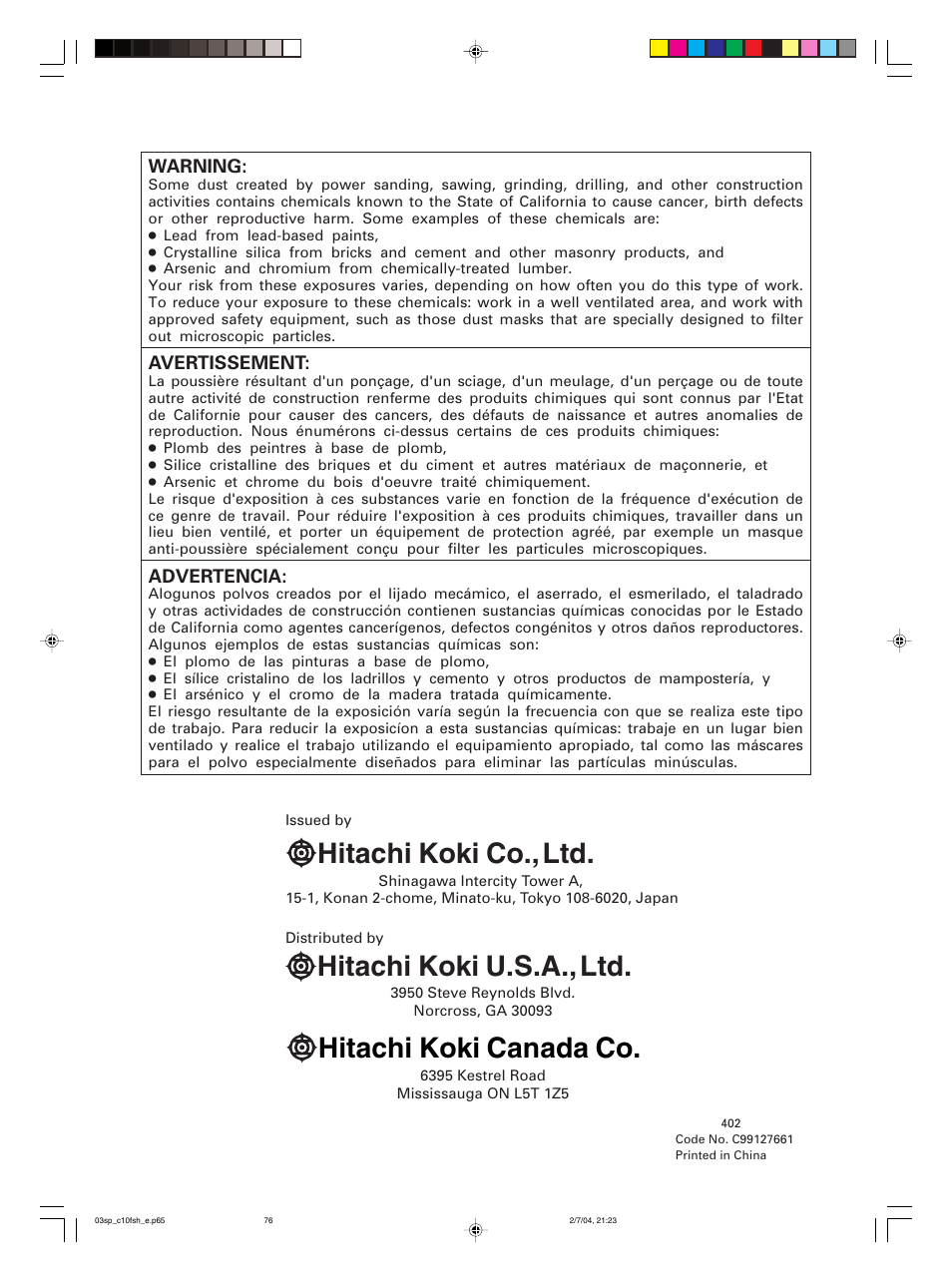 Hitachi koki co., ltd, Hitachi koki u.s.a., ltd, Hitachi koki canada co | Hitachi C 10FCE User Manual | Page 76 / 76