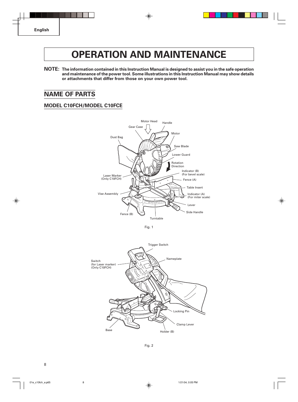 Operation and maintenance, Name of parts, Model c10fch/model c10fce | Hitachi C 10FCE User Manual | Page 8 / 76