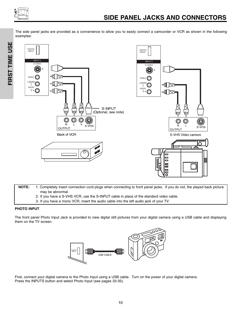 Side panel jacks and connectors, First time use | Hitachi 50VX915 User Manual | Page 10 / 96