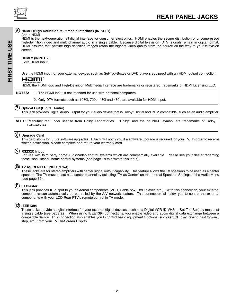 Rear panel jacks, First time use | Hitachi 50VX915 User Manual | Page 12 / 96