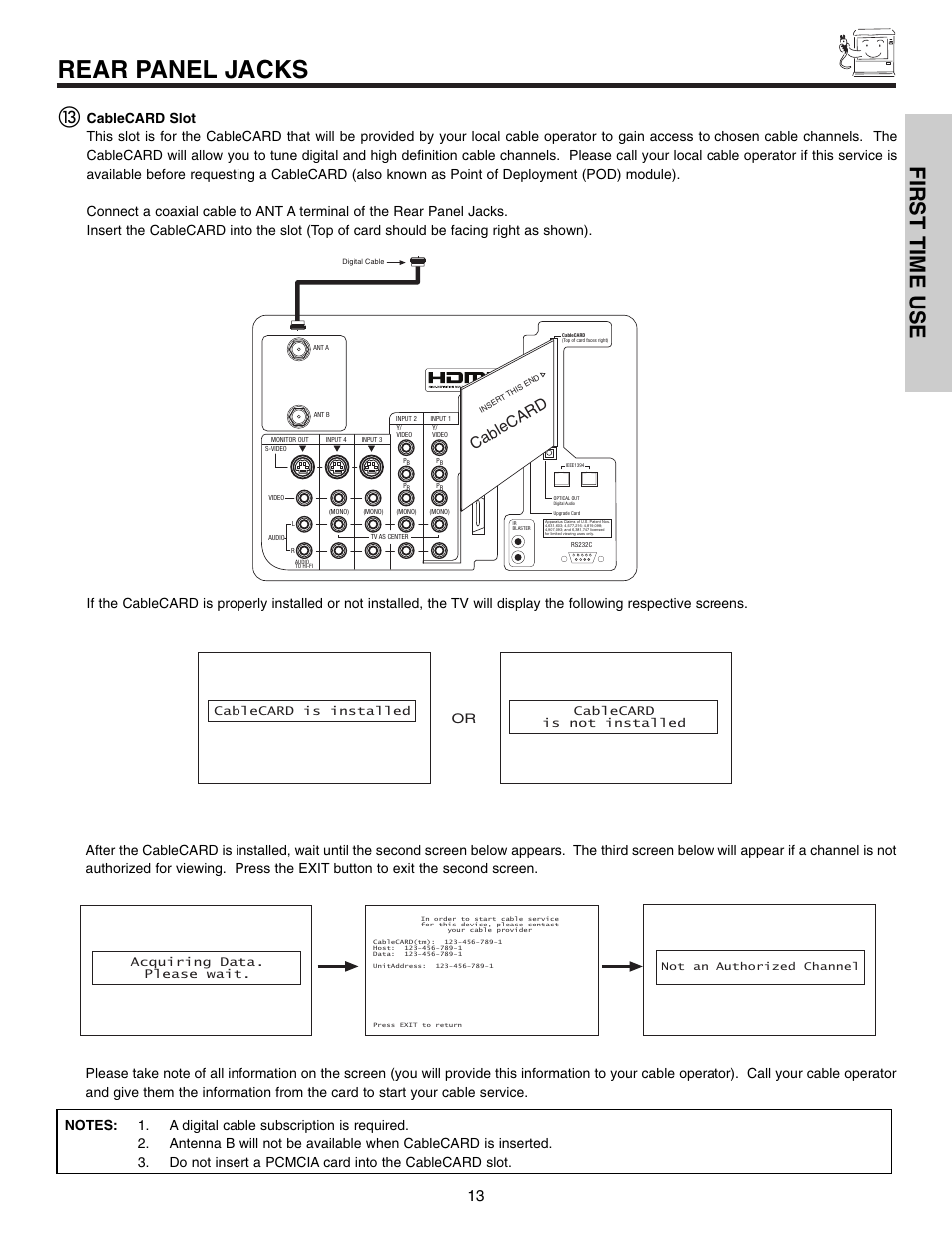 Rear panel jacks, First time use, Cablecard | Hitachi 50VX915 User Manual | Page 13 / 96