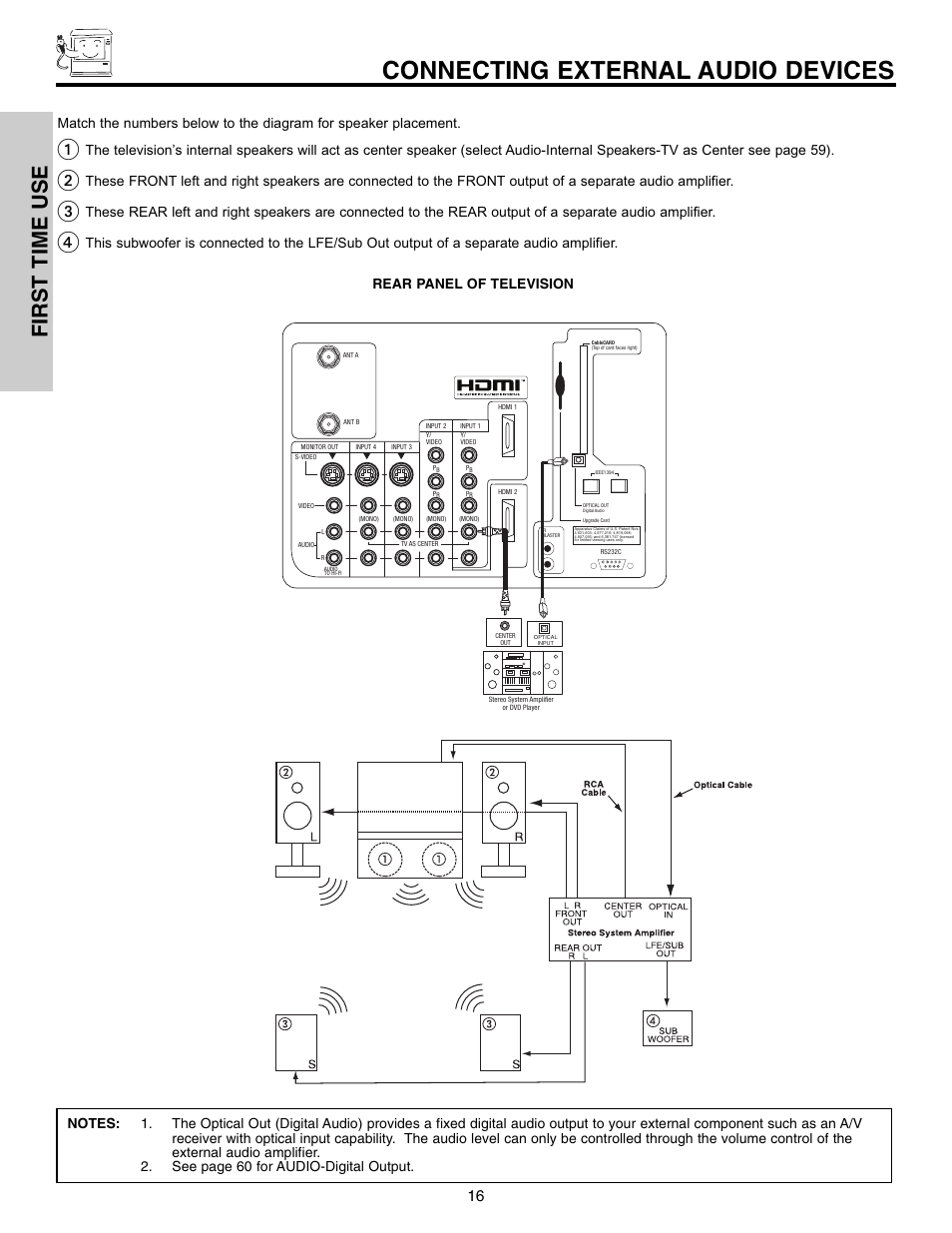 Connecting external audio devices, First time use | Hitachi 50VX915 User Manual | Page 16 / 96